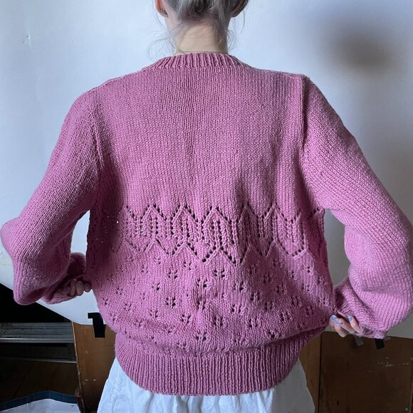Pink Handmade Knit Sweater, Pullover V-neck - Picture 6 of 9